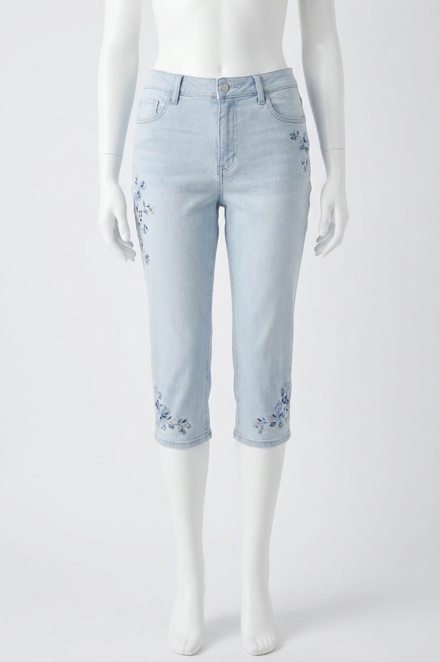 NEW TRIBAL sophia curvy embroidered stretch capri jean in light blue denim